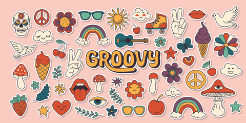 Vector Vintage Groovy Icons, Design Elements for Poster, Sticker Design. Retro Symbol in Hippie 70s Style, Mushroom, Flowers, Eye, Anti-War Peace Symbols. Vector Illustration