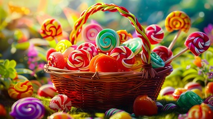 A basket filled with colorful lollipops on the grass.