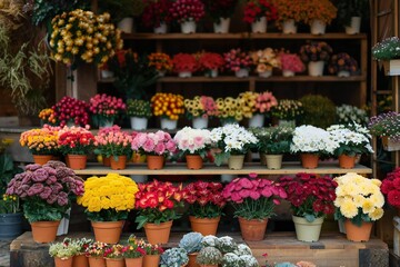 colorful display of assorted flowers and plants outside of a flower shop, showcasing the variety and beauty of nature.