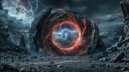 Glowing portal in the rock. AI Generated.