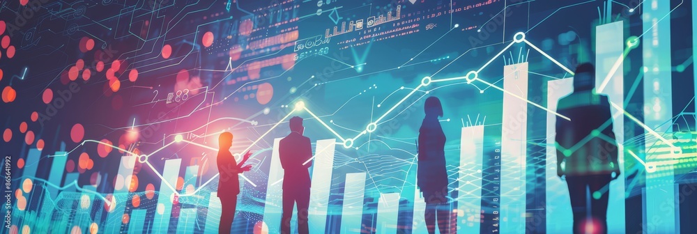 Poster silhouettes of business people analyzing data charts on a futuristic digital interface background. m