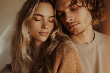 Fototapeta premium Serene young couple embracing. Depicting a soft, intimate moment of affection and tranquility, ideal for expressing love and connection in personal and lifestyle contexts
