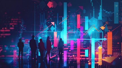 Fototapeta premium Silhouettes of a diverse group of businesspeople observing digital charts and graphs in a vibrant futuristic setting. Modern business growth and global network concept