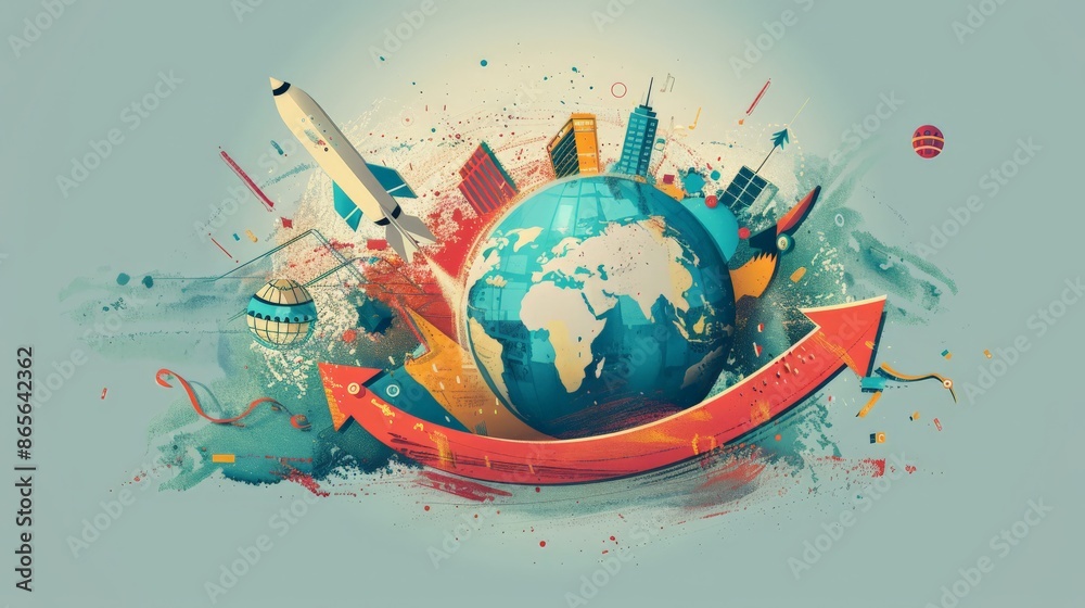 Poster creative illustration of a globe with various business icons and buildings surrounding it. concept o