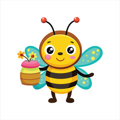 Cartoon little bee holding honey jar vector