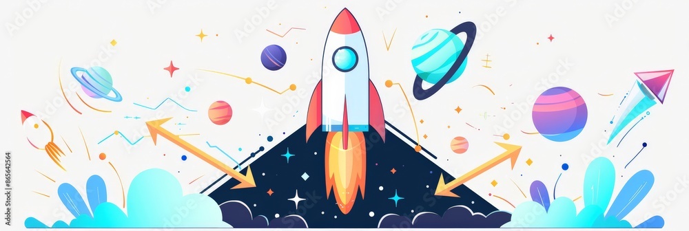 Poster futuristic illustration of a rocket launching with planets and arrows signifying growth. concept of 