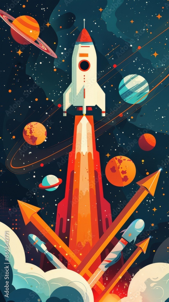 Poster retro style rocket launch illustration with planets and stars representing business growth. concept 