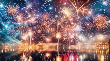 Bright fireworks at night. AI generated.