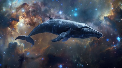 Fototapeta premium Surrealistic art of whale in the space. AI generated.