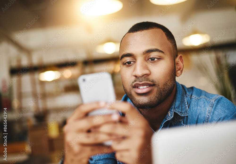 Aufkleber Man, cafe and reading on smartphone, tech and message notification on mobile app with online searching. Communication, freelance writer and break in restaurant, social media and reading blog