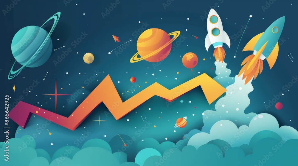 Poster rocket launching with arrows and planets depicting business growth and exploration. concept of busin