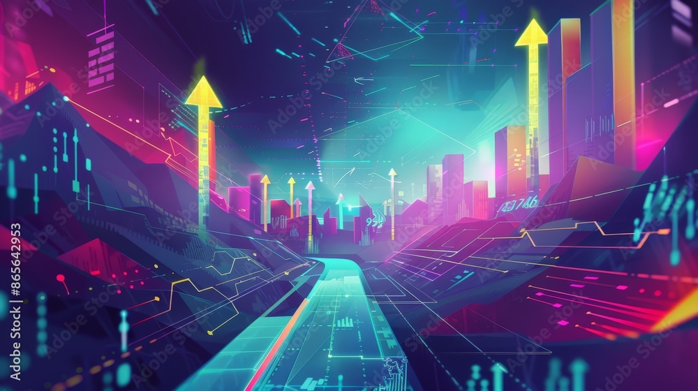 Poster colorful digital cityscape with rising arrows and financial growth charts. vibrant representation of