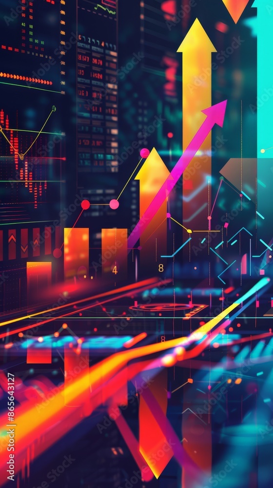 Aufkleber Vertical neon financial chart with rising arrows and dynamic data. Bright and energetic backdrop for business analytics and growth representation. Ideal for financial presentations and reports