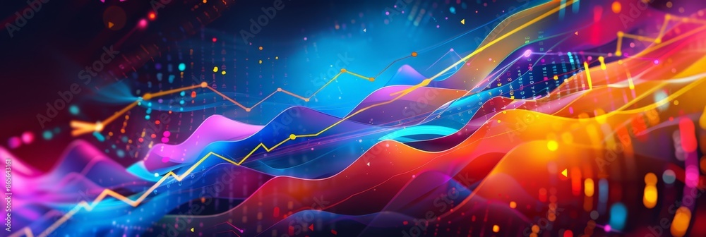 Poster Colorful abstract financial charts with wavy lines and data points. Dynamic and vibrant background for business growth and market analysis. Ideal for financial presentations and reports