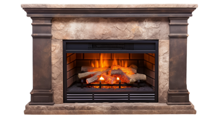 Warm fire glowing in ornate fireplace isolated on transparent png background.

