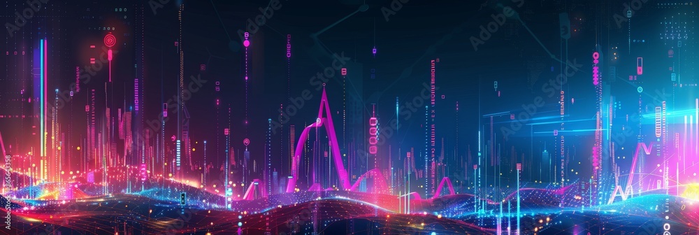 Poster vertical digital cityscape with financial data and rising charts. bright and colorful background for