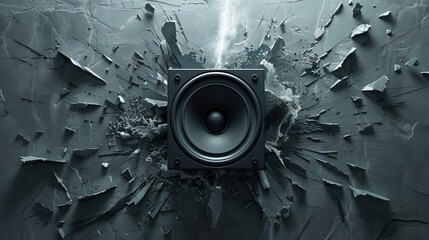 A loudspeaker placed centrally, surrounded by fragmented, shattered pieces of a wall or surface. The loudspeaker is predominantly black with a glossy finish, and it emits a strong, central beam