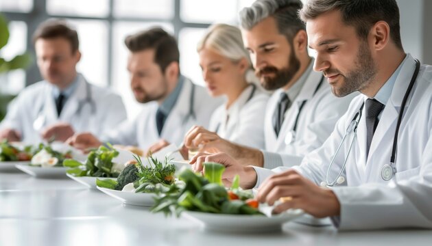 A group of doctors enjoying a meal with healthy vegetables, emphasizing the importance of nutrition, balanced diet, and health, an ideal stock image for medical or wellness themes.