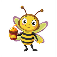 Cartoon little bee holding honey jar vector