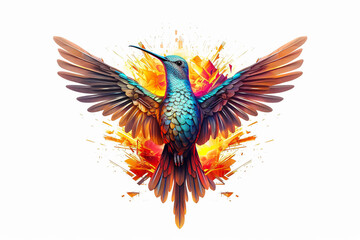 Fototapeta premium A colorful hummingbird is flying in the air with its wings spread wide.