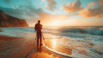 A videoblogger captures the stunning sunset over the ocean with his camera on a tropical beach.