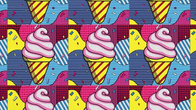 Seamless pattern of ice cream in pop art cartoon style