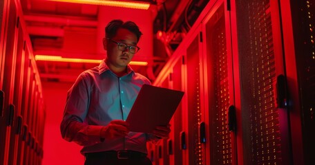 Data center worker standing in server room using tablet under red lighting