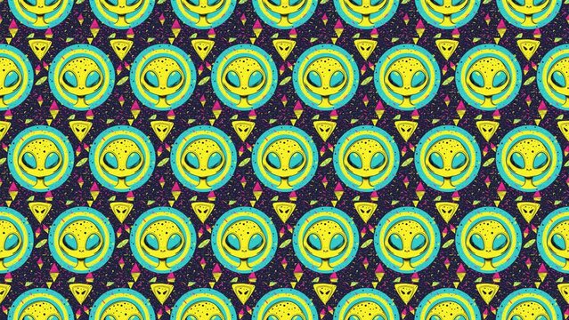 Cartoon alien little green men face, seamless pattern style background
