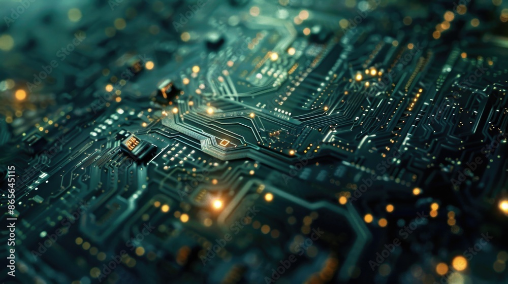 Poster close-up shot of a computer circuit board with various components and wiring