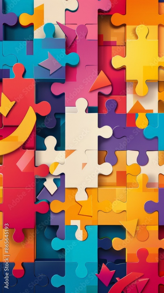 Poster Colorful puzzle pieces with arrows and charts representing business strategy and market analysis. Ideal for teamwork and problem-solving concepts