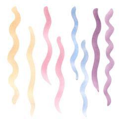 Wavy lines in a gradient of soft colors in watercolor hand drawn. Lines painted in shades of peach, pink, blue, and lavender for creating marine pattern. Set of curly lines for nautical ornate