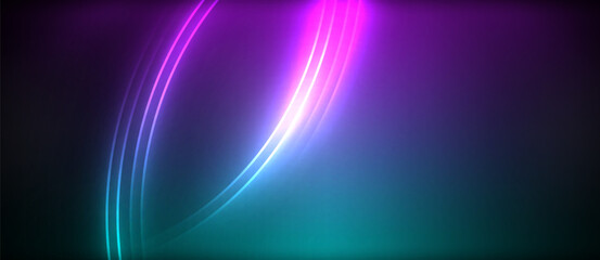 Neon glowing circle rays, light round lines in the dark, planet style neon wave lines. Energetic electric concept design for wallpaper, banner, background