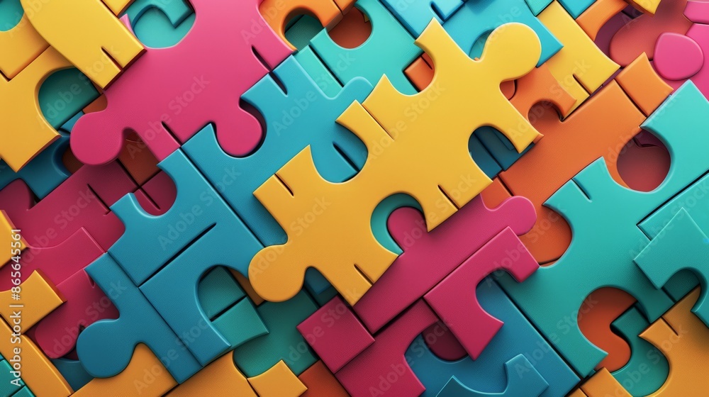 Poster abstract puzzle pieces with vibrant colors and charts illustrating market trends and financial analy