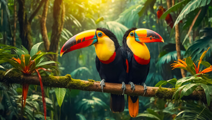Naklejka premium Beautiful toucan in the rainforest Brazil jungle