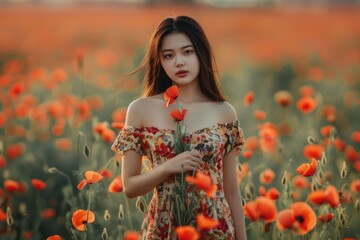 Naklejka premium A woman stands amidst a field of bright red flowers