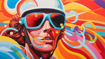 Vibrant abstract portrait of a person with helmet and glasses, psychedelic art concept