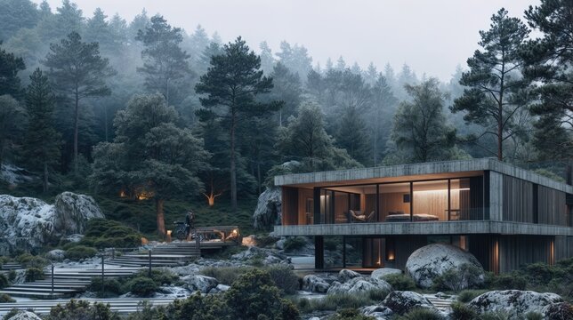 Modern nature-integrated house design. AI generated.