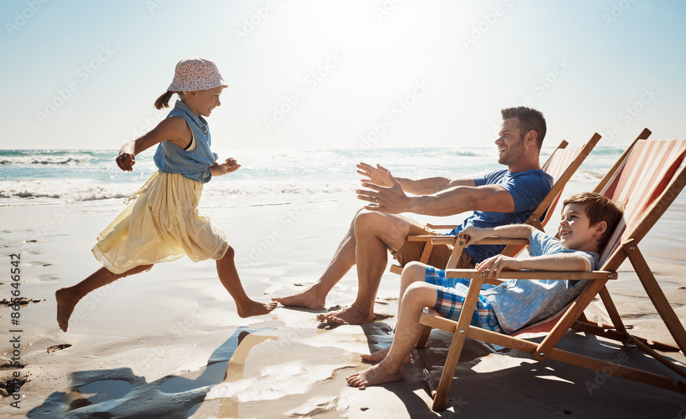 Canvas Prints Happy, beach and father with children on chair for holiday, vacation and relax on tropical island. Family, travel and dad with kids by ocean for bonding, playing and fun outdoors in nature on weekend