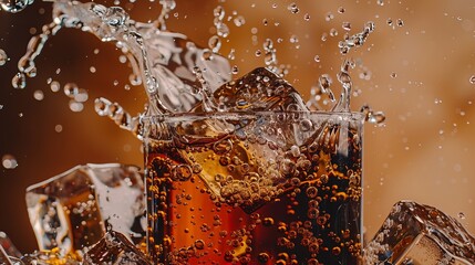 Refreshing cola with ice cubes! Enjoy the sweet taste of cola chilled with ice on a brown background.