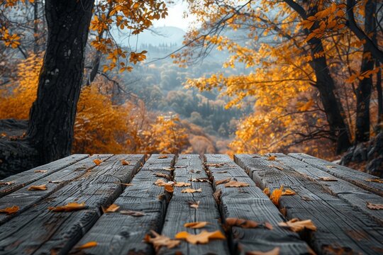 Empty wooden table with a fall scenery