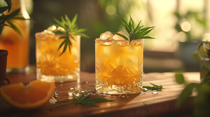Two glasses of cannabis-infused cocktails on a wooden table, garnished with cannabis leaves and surrounded by greenery.