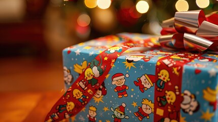 A ribbon featuring cartoon characters is used to adorn gifts