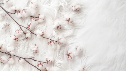 White fluffy background with cotton branch and flowers top view text space