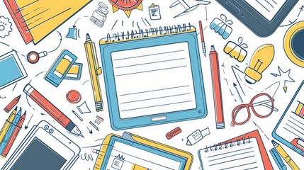 Sketchy business drawings and charts on a white background with digital elements. Creative workspace setup for planning and brainstorming. Ideal for business and creative themes