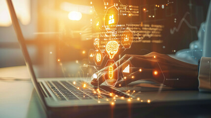 hands typing on keyboard with digital windows and symbols overlaid as concept for international network, connecting and working