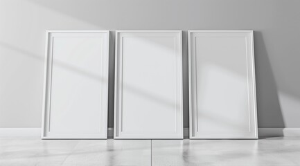 Front view of three white minimalistic picture frames on a light background.