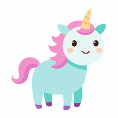 A cute unicorn with a pink mane and tail on a white background