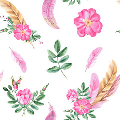 Watercolor romantic Seamless Pattern with Dog rose and pink and beige Feathers on white background. Hand drawn illustration. Can be used for fabric, textile and packaging prints.