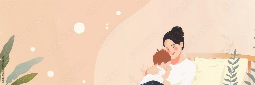 Poster a mother lovingly puts her baby to sleep, creating a peaceful and calming atmosphere in a soft, ligh