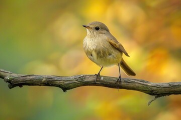 Fototapeta premium A small bird perched on top of a tree branch, with lush foliage in the background